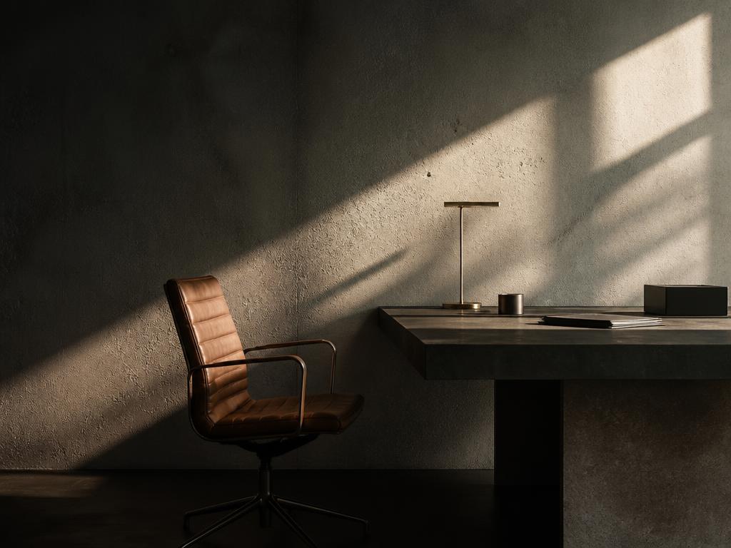 Escritório minimalista com luz estruturada e sombras marcadas